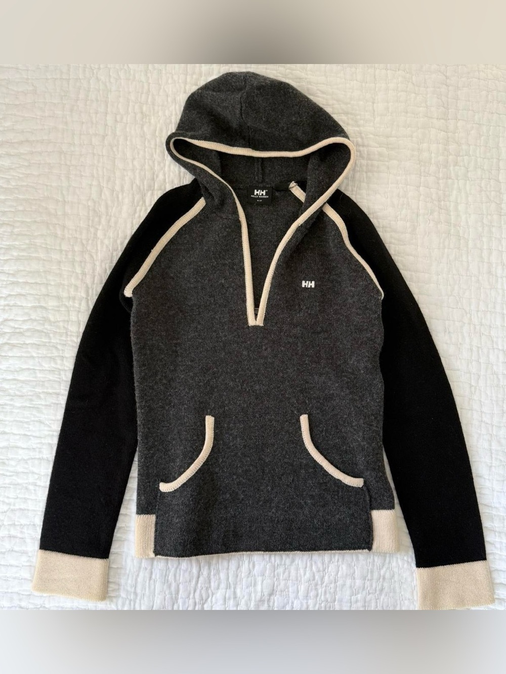 Helly Hansen 100% Lambswool Knit Hooded Half Zip Sweater Gray Black Small